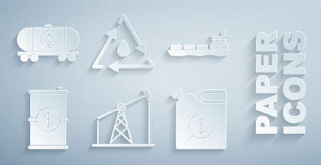 Set Oil pump or pump jack, tanker ship, Barrel oil with dollar, Canister for motor machine, drop recycle and railway cistern icon. Vectorのイラスト素材