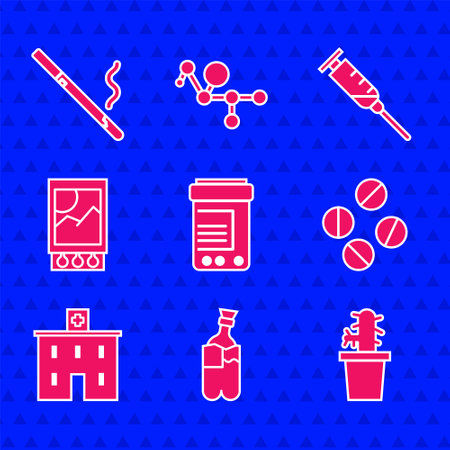 Set Medicine bottle and pills, Bong for smoking marijuana, Cactus peyote pot, tablet, Medical hospital building, Open matchbox matches, Syringe and Cigarette icon. Vectorのイラスト素材