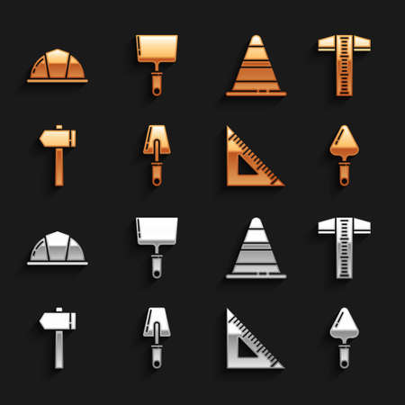 Set Trowel, T-square line, Triangular ruler, Hammer, Traffic cone, Worker safety helmet and Putty knife icon. Vectorのイラスト素材
