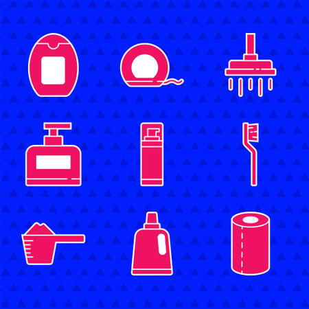 Set Shaving gel foam, Bottle for cleaning agent, Paper towel roll, Toothbrush, Washing powder, of shampoo, Shower head and icon. Vectorのイラスト素材