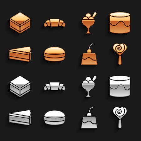 Set Macaron cookie, Cake, Lollipop, Pudding custard, Piece of cake, Ice cream bowl, Brownie chocolate and Croissant icon. Vectorのイラスト素材