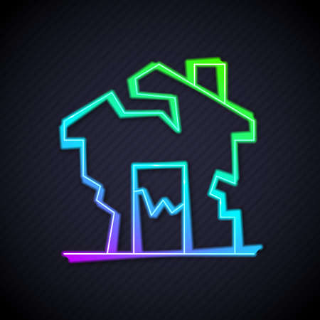 Glowing neon line Ruined house icon isolated on black background. Broken house. Derelict home. Abandoned home. Vectorのイラスト素材