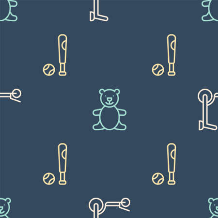 Set line Roller scooter, Baseball bat with ball and Teddy bear plush toy on seamless pattern. Vectorのイラスト素材