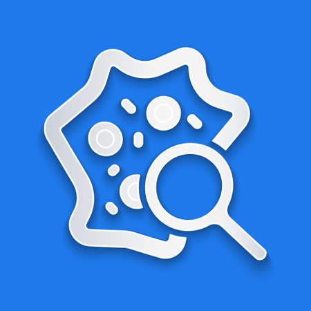 Paper cut Microorganisms under magnifier icon isolated on blue background. Bacteria and germs, cell cancer, microbe, virus, fungi. Paper art style. Vectorのイラスト素材