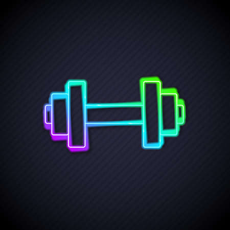 Glowing neon line Dumbbell icon isolated on black background. Muscle lifting, fitness barbell, sports equipment. Vectorのイラスト素材