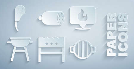 Set BBQ brazier, Location with fire flame, Barbecue grill, Salami sausage and Rib eye steak icon. Vectorのイラスト素材