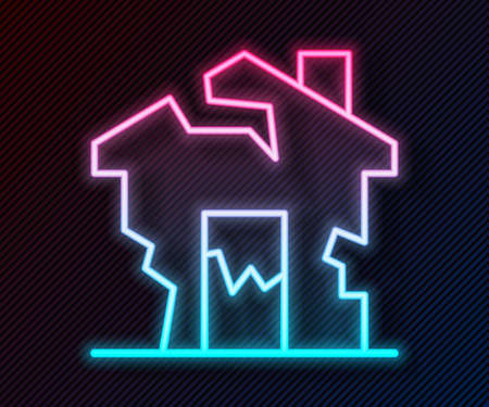 Glowing neon line Ruined house icon isolated on black background. Broken house. Derelict home. Abandoned home. Vectorのイラスト素材