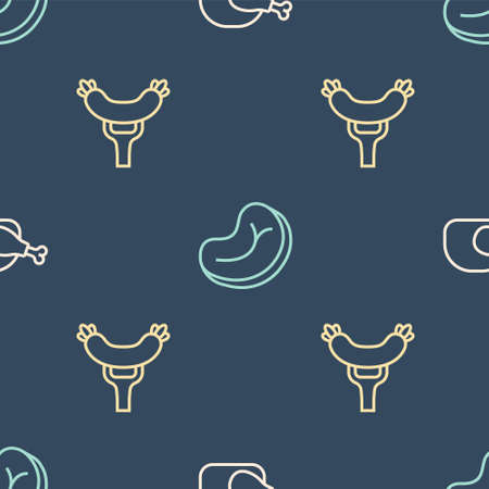 Set line Roasted turkey or chicken, Sausage on the fork and Steak meat on seamless pattern. Vectorのイラスト素材
