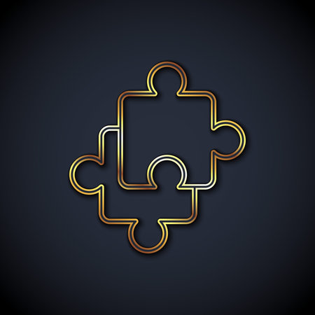 Gold line Puzzle pieces toy icon isolated on black background. Vector