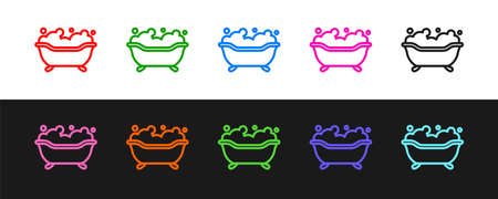Set line Bathtub with foam bubbles inside icon isolated on black and white background. Vectorのイラスト素材