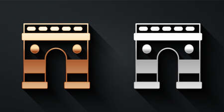 Gold and silver Triumphal Arch icon isolated on black background. Landmark of Paris, France. Long shadow style. Vectorのイラスト素材