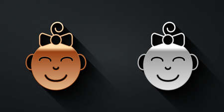 Gold and silver Happy little girl head icon isolated on black background. Face of baby girl. Long shadow style. Vectorのイラスト素材