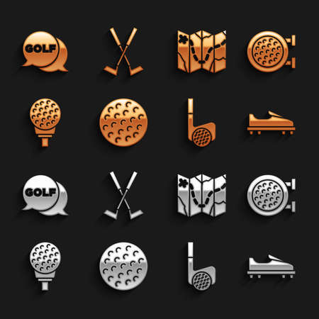 Set Golf ball, sport club, shoe, with, on tee, course layout, label and Crossed golf icon. Vectorのイラスト素材