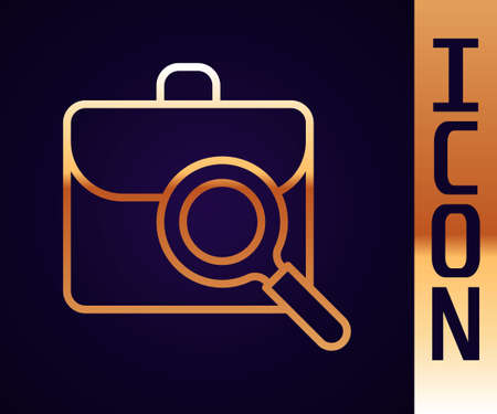 Gold line Magnifying glass with briefcase icon isolated on black background. Job hunting. Work search concept. Unemployment, head hunting, career. Vectorのイラスト素材