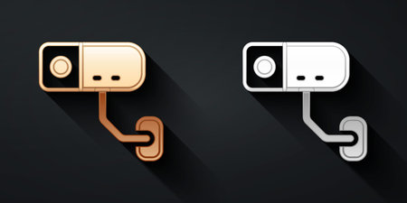 Gold and silver Security camera icon isolated on black background. Long shadow style. Vectorのイラスト素材