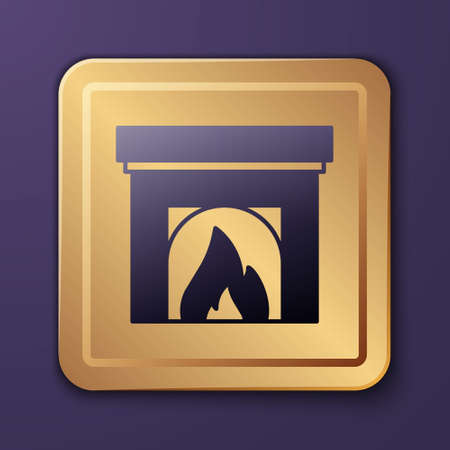 Purple Interior fireplace icon isolated on purple background. Gold square button. Vectorのイラスト素材