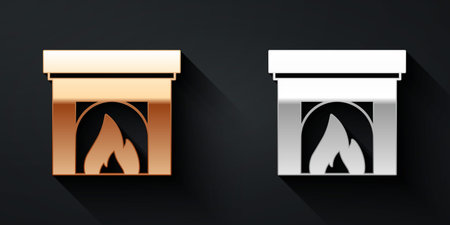 Gold and silver Interior fireplace icon isolated on black background. Long shadow style. Vectorのイラスト素材