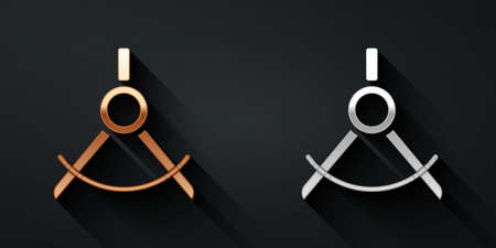 Gold and silver Drawing compass icon isolated on black background. Compasses sign. Drawing and educational tools. Geometric instrument. Long shadow style. Vectorのイラスト素材