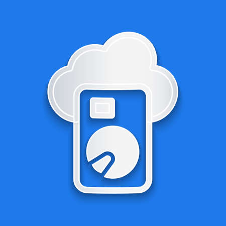 Paper cut Cloud database icon isolated on blue background. Cloud computing concept. Digital service or app with data transferring. Paper art style. Vectorのイラスト素材