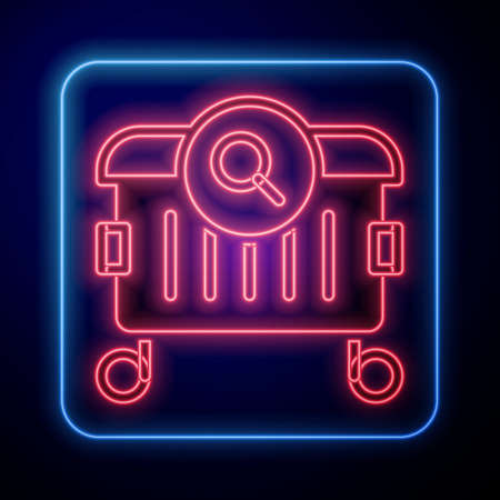 Glowing neon Searching for food in trash can on streets outdoors icon isolated on black background. Homelessness and poverty concept. Vectorのイラスト素材
