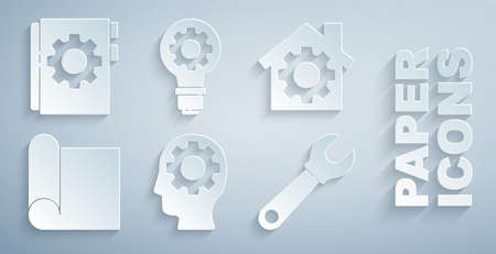 Set Human head with gear inside, House, Graphing paper for engineering, Wrench spanner, Light bulb and and User manual icon. Vectorのイラスト素材