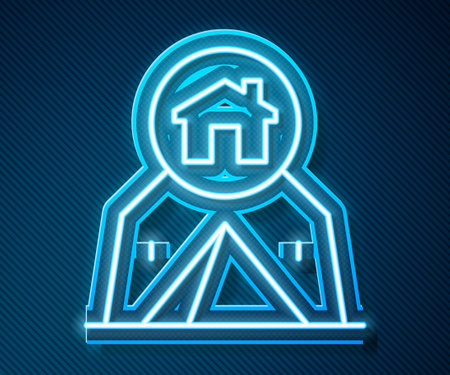 Glowing neon line Tourist tent icon isolated on blue background. Camping symbol. Vectorのイラスト素材