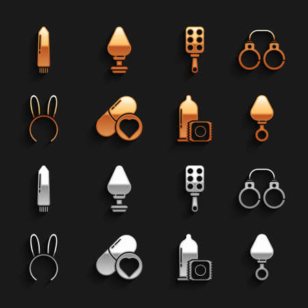 Set Pills for potency, aphrodisiac, Sexy fluffy handcuffs, Anal plug, Condom, Mask with long bunny ears, Spanking paddle, Dildo vibrator and icon. Vectorのイラスト素材