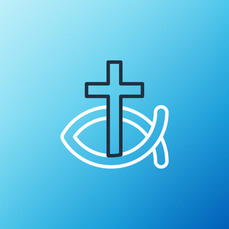 Line Christian fish symbol icon isolated on blue background. Jesus fish symbol. Colorful outline...