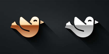 Gold and silver Dove icon isolated on black background. Long shadow style. Vectorのイラスト素材