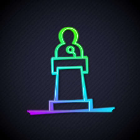 Glowing neon line Speaker icon isolated on black background. Orator speaking from tribune. Public speech. Person on podium. Vectorのイラスト素材
