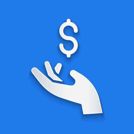 Paper cut Hand holding coin money icon isolated on blue background. Dollar or USD symbol. Cash Banking currency sign. Paper art style. Vectorのイラスト素材
