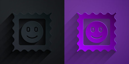 Paper cut LSD acid mark icon isolated on black on purple background. Acid narcotic. Postmark. Postage stamp. Health danger. Paper art style. Vectorのイラスト素材