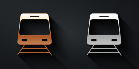 Gold and silver Train and railway icon isolated on black background. Public transportation symbol. Subway train transport. Metro underground. Long shadow style. Vectorのイラスト素材