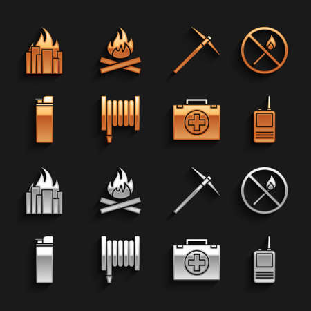 Set Fire hose reel, No fire match, Walkie talkie, First aid kit, Lighter, Pickaxe, in burning buildings and Campfire icon. Vectorのイラスト素材