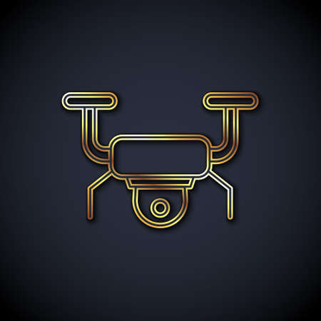 Gold line Drone flying icon isolated on black background. Quadrocopter with video and photo camera symbol. Vectorのイラスト素材