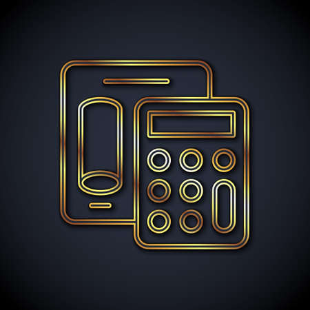 Gold line Calculator icon isolated on black background. Accounting symbol. Business calculations mathematics education and finance. Vectorのイラスト素材