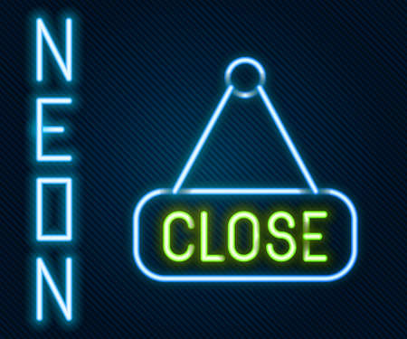 Glowing neon line Hanging sign with text Closed icon isolated on black background. Business theme for cafe or restaurant. Colorful outline concept. Vectorのイラスト素材