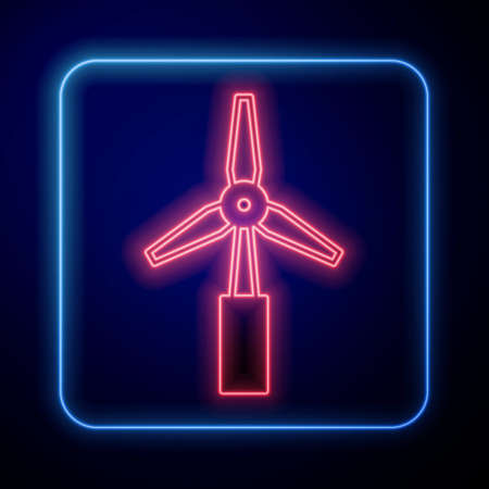 Glowing neon Wind turbine icon isolated on black background. Wind generator sign. Windmill for electric power production. Vectorのイラスト素材