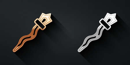 Gold and silver Magic staff icon isolated on black background. Magic wand, scepter, stick, rod. Long shadow style. Vectorのイラスト素材