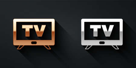 Gold and silver Smart Tv icon isolated on black background. Television sign. Long shadow style. Vectorのイラスト素材