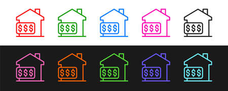 Set line House with dollar symbol icon isolated on black and white background. Home and money. Real estate concept. Vectorのイラスト素材