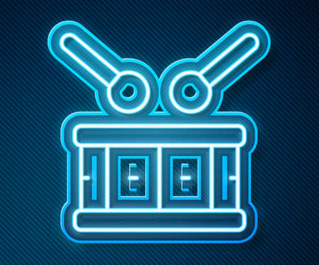 Glowing neon line Drum with drum sticks icon isolated on blue background. Music sign. Musical instrument symbol. Vectorのイラスト素材