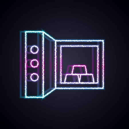Glowing neon line Safe with gold bars icon isolated on black background. Precious metals on deposit in bank. Metallic treasury. Reliable data protection. Vectorのイラスト素材