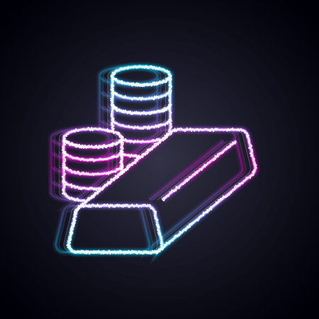 Glowing neon line Gold coin with gold bars icon isolated on black background. Banking currency sign. Cash symbol. Vectorのイラスト素材