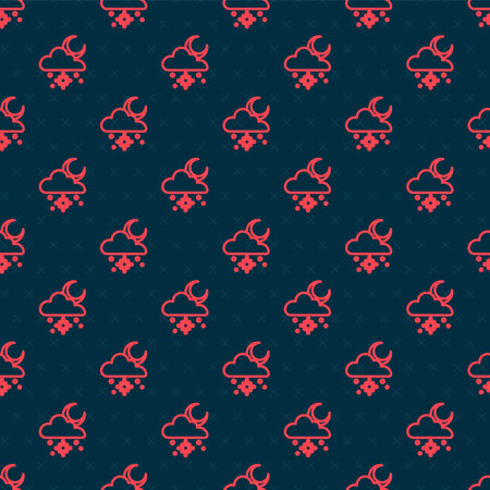 Red line Cloud with snow and sun icon isolated seamless pattern on black background. Cloud with...
