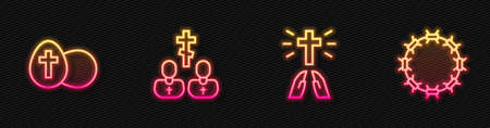 Set line Hands in praying position, Easter egg, Priest and Crown of thorns. Glowing neon icon. Vectorのイラスト素材