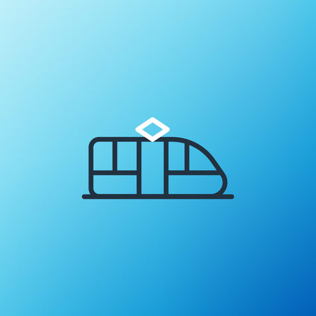 Line Tram and railway icon isolated on blue background. Public transportation symbol. Colorful...