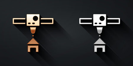 Gold and silver 3D printer house icon isolated on black background. 3d printing. Long shadow style....