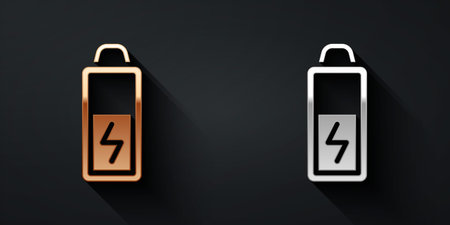Gold and silver Battery icon isolated on black background. Lightning bolt symbol. Long shadow style. Vectorのイラスト素材