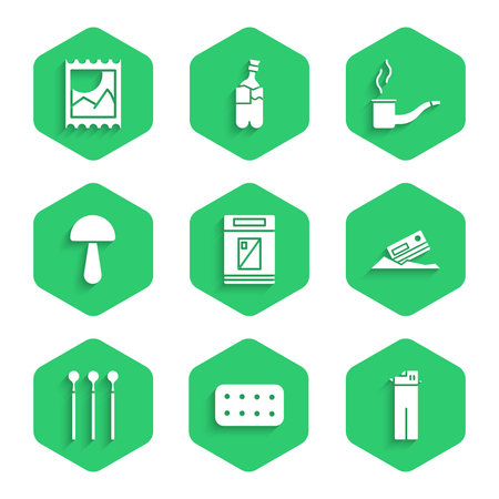 Set Cigarettes pack box, Pills in blister, Lighter, Cocaine and credit card, Matches, Psilocybin mushroom, Smoking pipe and LSD acid mark icon. Vectorのイラスト素材